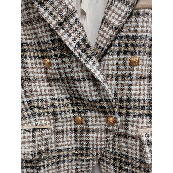 Mystree Blazer Jacket Womens Medium Plaid Tweed Shimmer Double Breasted Office - Picture 2 of 12